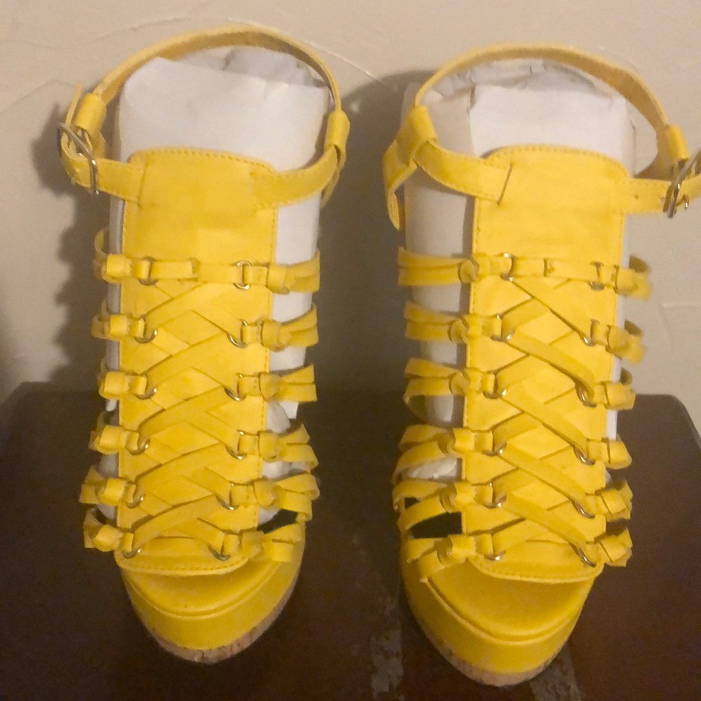 Open toed stripped heals.